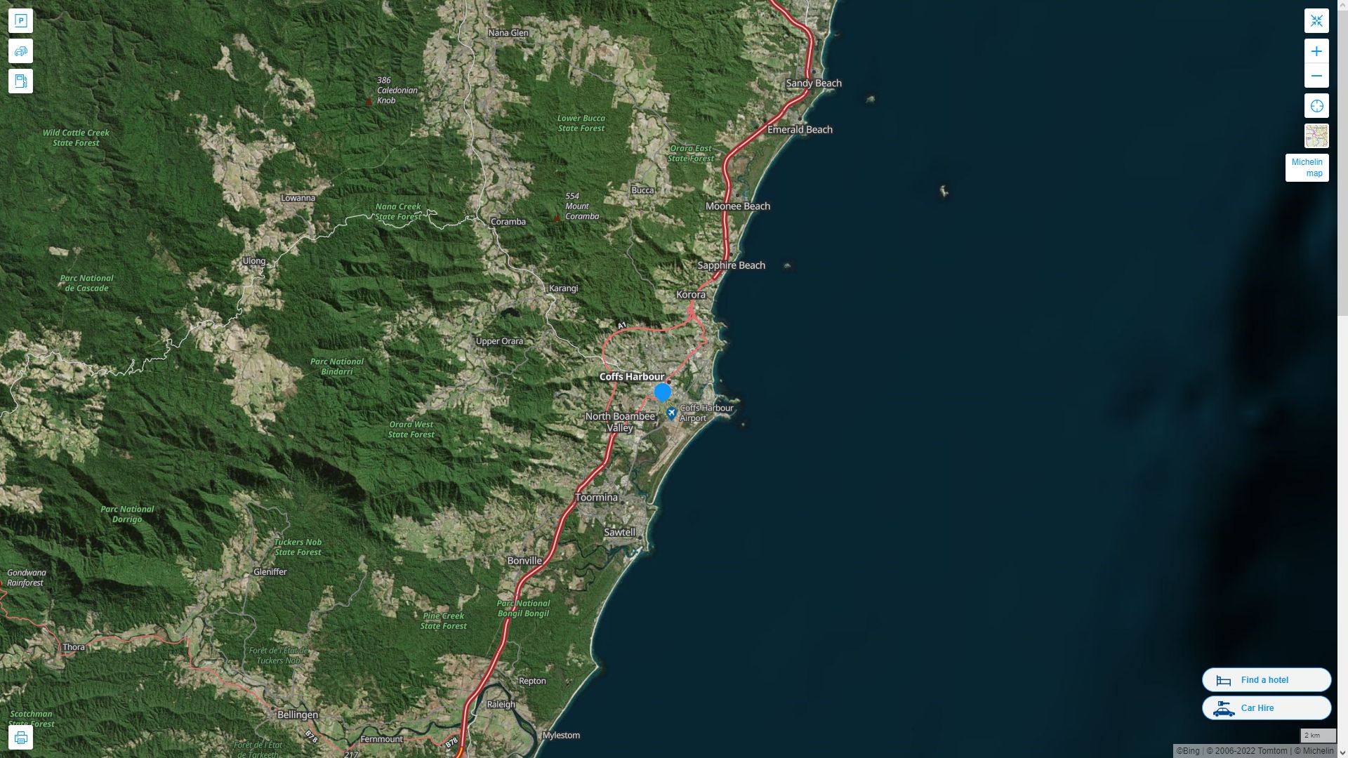 Coffs Harbour Highway and Road Map with Satellite View